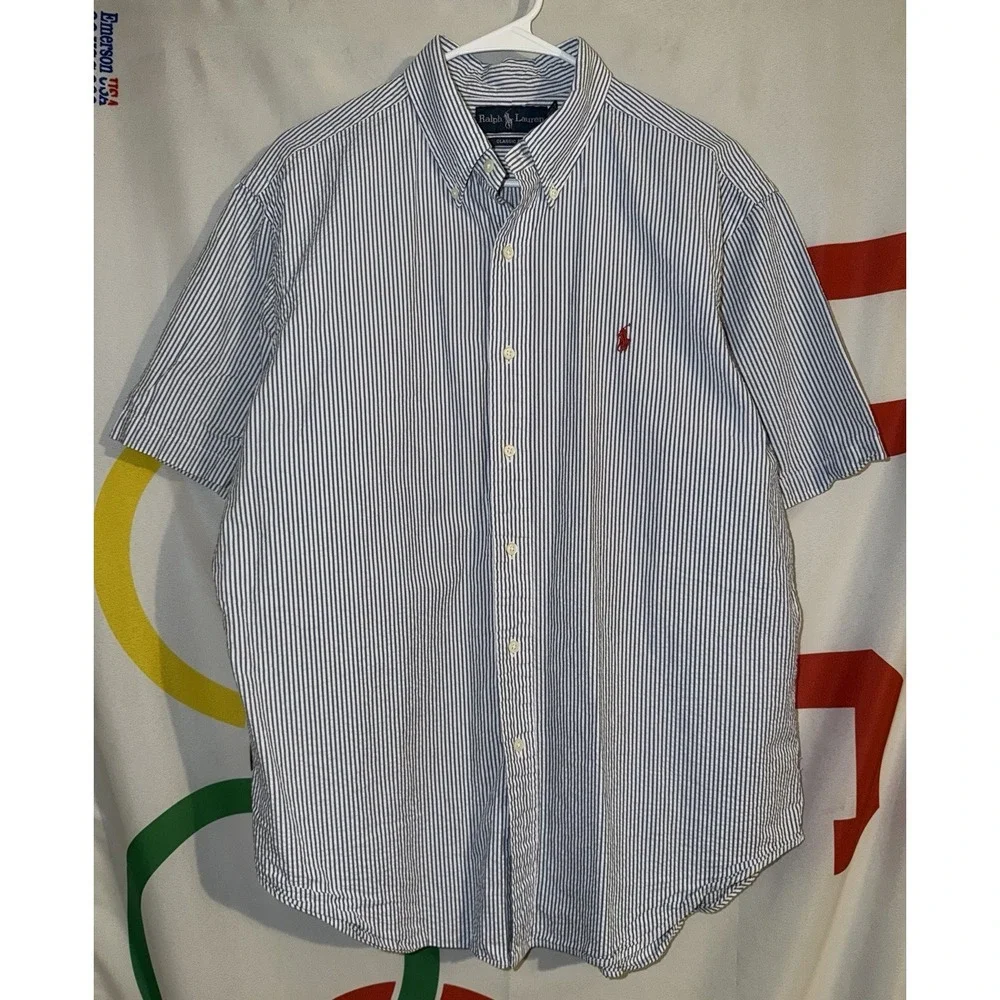 Polo Ralph Lauren Seersucker Button Up Shirt Mens Large Blue Striped